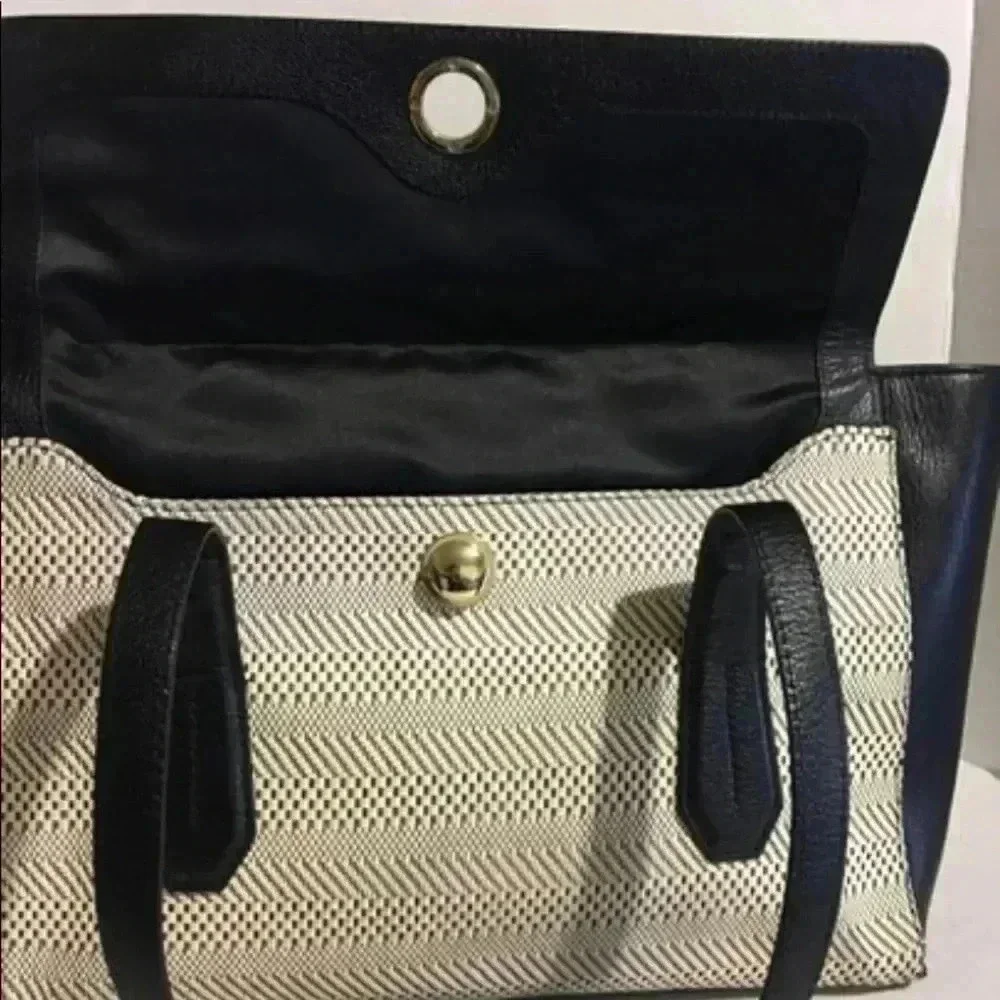 Bendel Bendel black leather beige woven satchel handbag